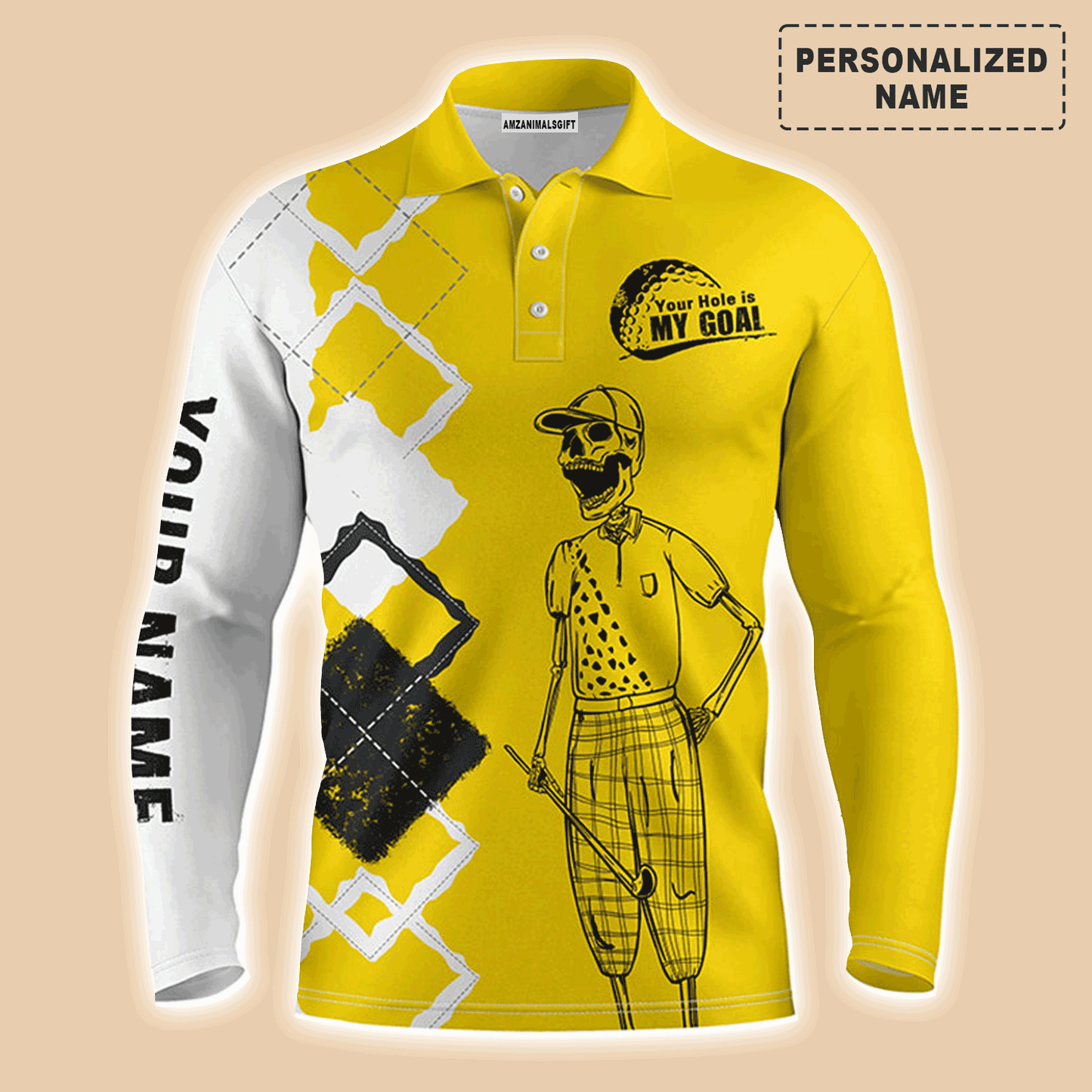 Custom Golf Long Sleeve Men Polo Shirt - Custom Name Skull Apparel - Your Hole Is My Goal Men Polo Shirt - Perfect Polo Shirt For Men, Golfers