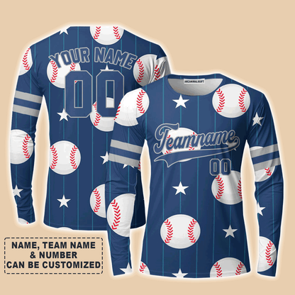 Customized Baseball Long Sleeve Shirt, Navy Baseball Striped Pattern Blue Custom Long Sleeve Shirt - Perfect Long Sleeve Shirt For Men & Woman, Baseball Lovers