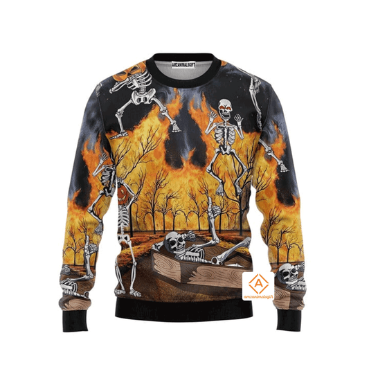 Halloween Skeleton Party Sweater umpkin Burning Scary, Ugly Sweater For Men & Women, Perfect Outfit For Halloween New Year Autumn Winter