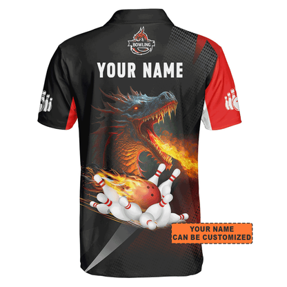 Customized Bowling Jersey Shirt, Personalized Name Dragon Team Red Bowling Ball On Fire Polo Shirt For Men - Perfect Gift For Bowling Lovers