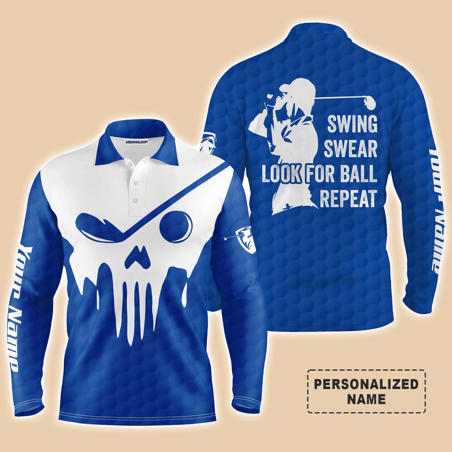 Custom Golf Long Sleeve Men Polo Shirt- Custom Name Multicolor Golf Skull - Swing Swear Look For Ball Repeat Men Polo Shirt For Golf Lover