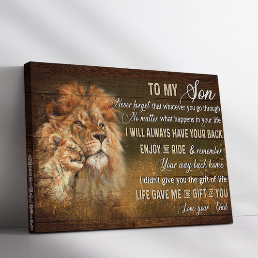 Family Premium Wrapped Landscape Canvas - Dad To Son, King Of Kings, Lion Drawing, I Will Always Have Your Back - Perfect Gift For Son In Family