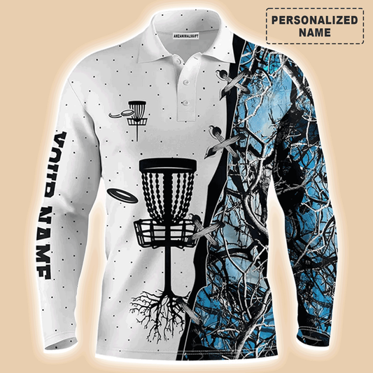 Custom Disc Golf Long Sleeve Men Polo Shirt -  Custom Name Blue Black Camo Disc Golf Basket Apparel Men Polo Shirt For Men, Disc Golf Lover