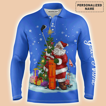 Custom Golf Long Sleeve Men Polo Shirt - Santa Golfer Christmas Custom Name Apparel - Personalized Gift For Golf Lover, Team, Husband, Men