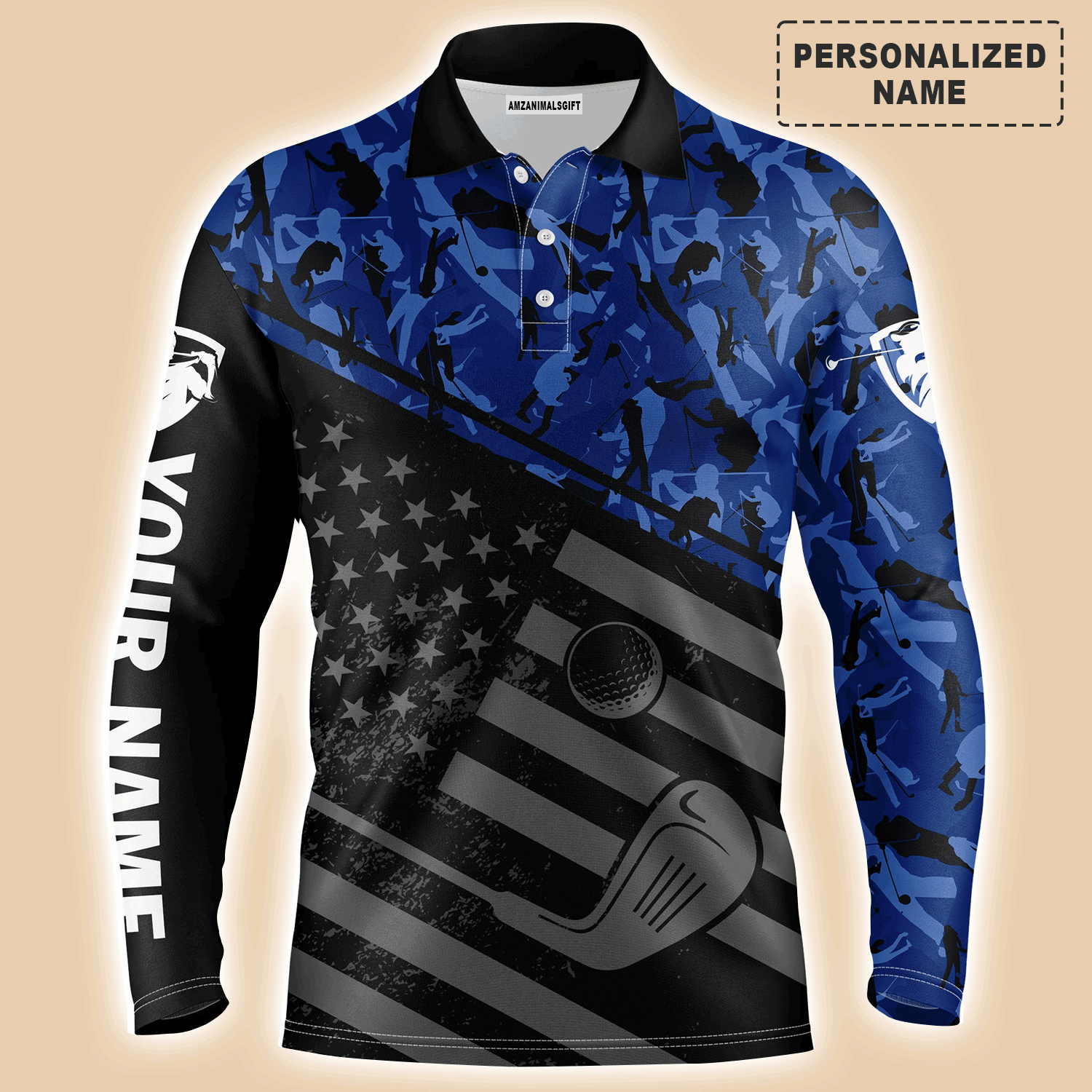 Custom Golf Long Sleeve Men Polo Shirt, Camo Polo Custom Name, Black American Flag Patriotic Apparel - Perfect Gift For Men, Golf Lovers