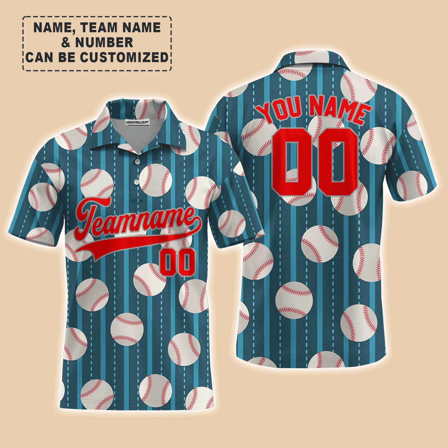 Customized Baseball Men Polo Shirt, Teal Baseball Striped Pattern Custom Polo Shirt - Perfect Polo Shirt For Men, Baseball Lovers