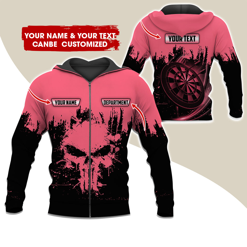 Personalized Name & Text Darts Premium Zip Hoodie, Customized Skull Dartboard Team Zip Hoodie For Men & Women - Gift For Darts Lovers, Darts Players