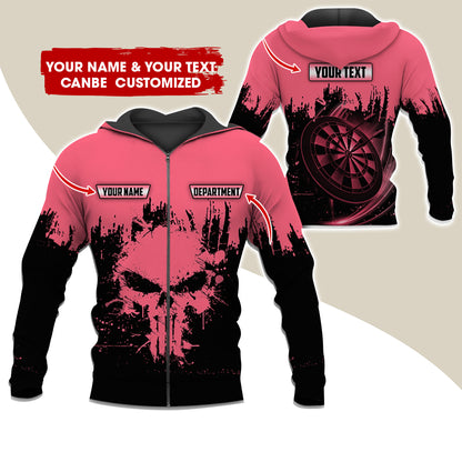 Personalized Name & Text Darts Premium Zip Hoodie, Customized Skull Dartboard Team Zip Hoodie For Men & Women - Gift For Darts Lovers, Darts Players