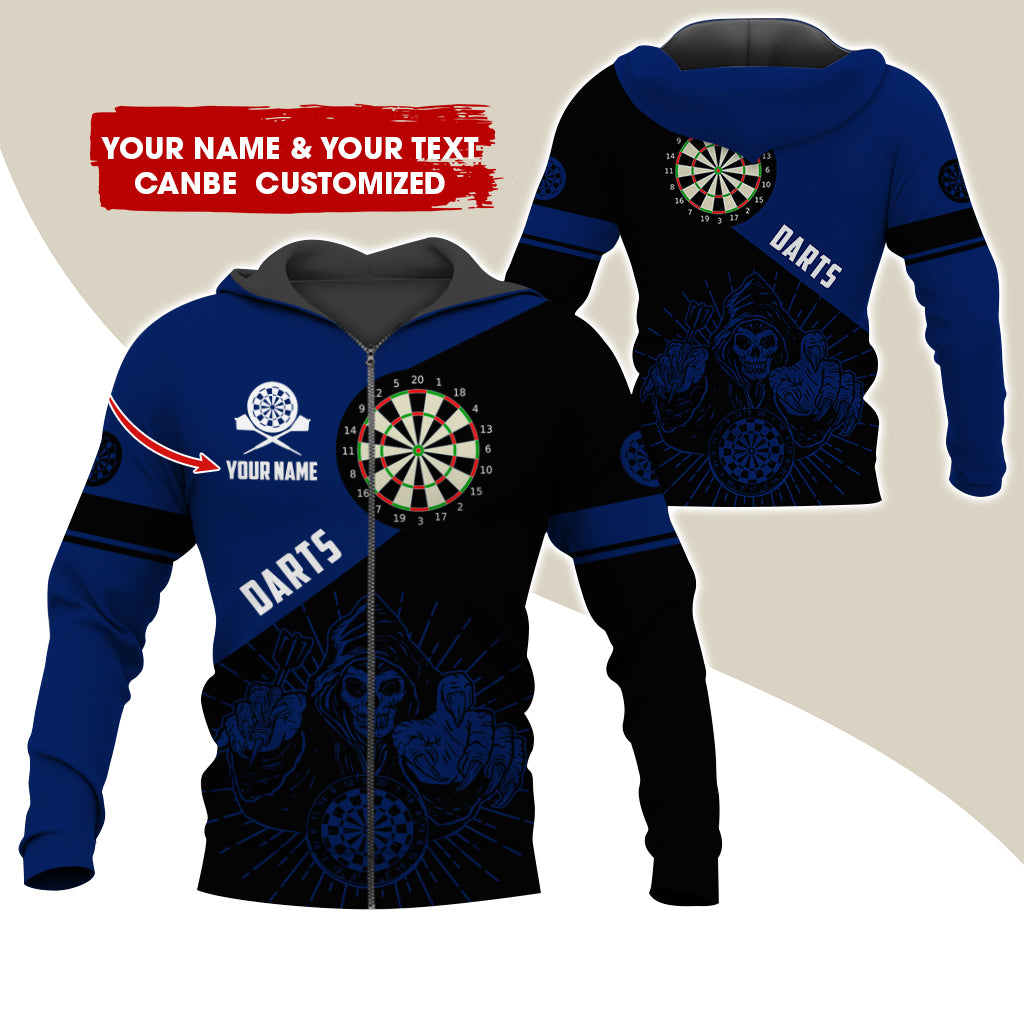 Customized Name Grim Reaper Darts Premium Zip Hoodie, Personalized Name Dartboard Zip Hoodie For Men & Women - Gift For Darts Lovers, Darts Players
