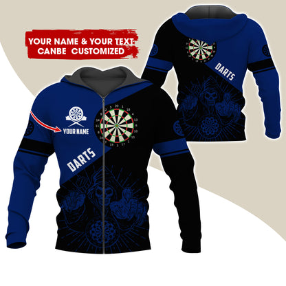 Customized Name Grim Reaper Darts Premium Zip Hoodie, Personalized Name Dartboard Zip Hoodie For Men & Women - Gift For Darts Lovers, Darts Players