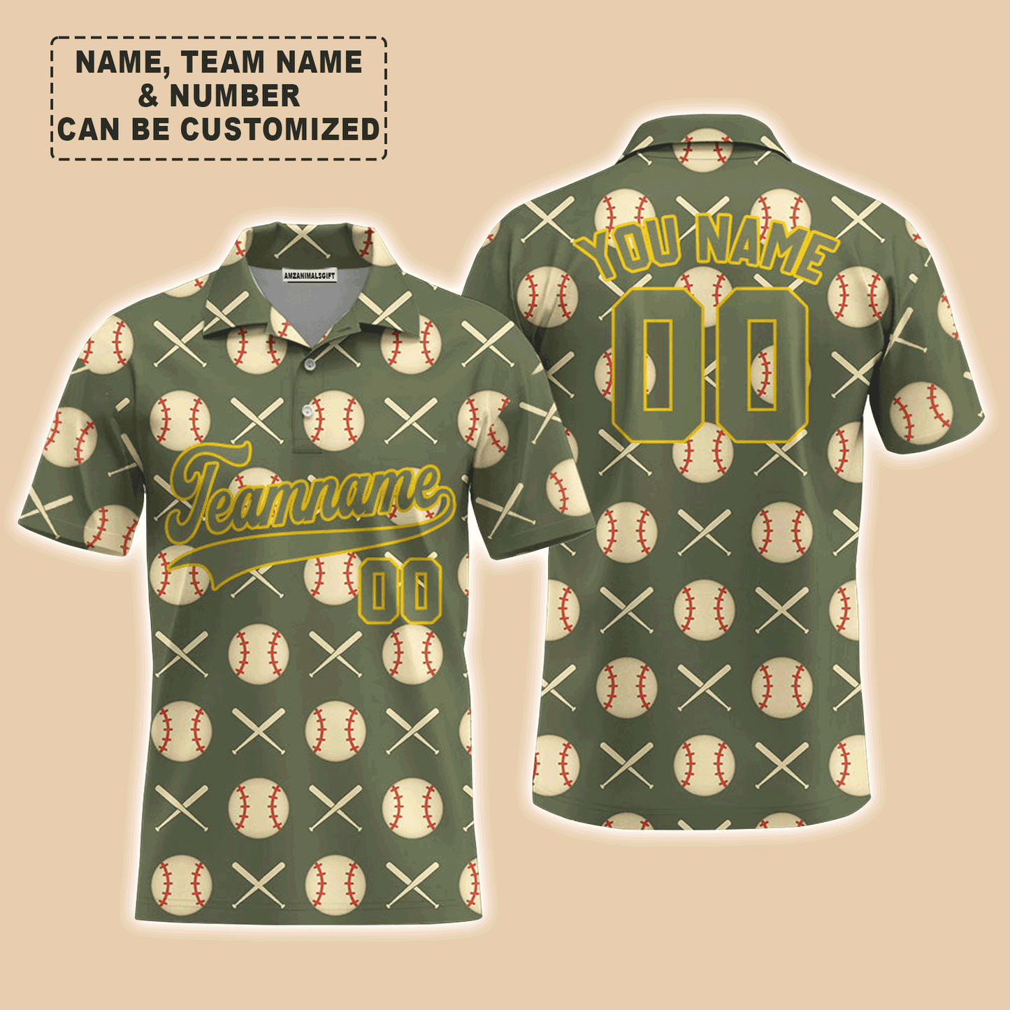 Customized Baseball Men Polo Shirt, Olive Baseball Striped Pattern Custom Polo Shirt - Perfect Polo Shirt For Men, Baseball Lovers