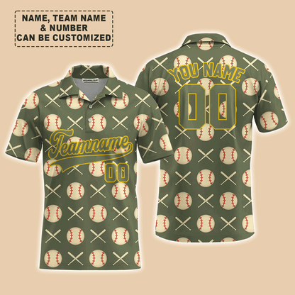 Customized Baseball Men Polo Shirt, Olive Baseball Striped Pattern Custom Polo Shirt - Perfect Polo Shirt For Men, Baseball Lovers