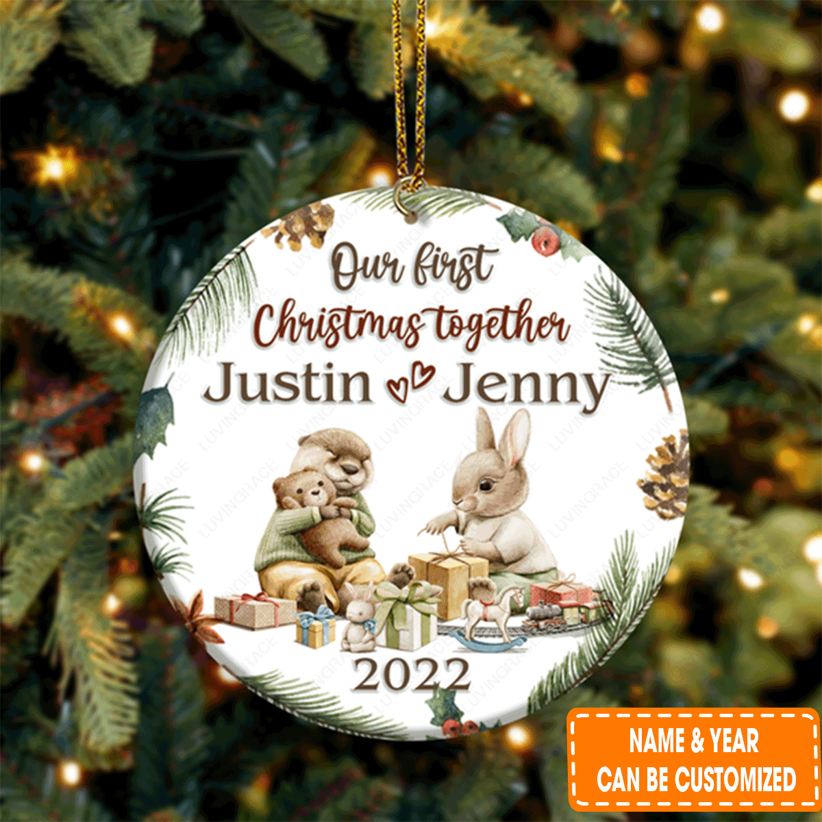 Custom Jesus Acrylic Ornament, Personalized Bunny And Otter Couple Pine Floral Our First Christmas Acrylic Ornament For Christian