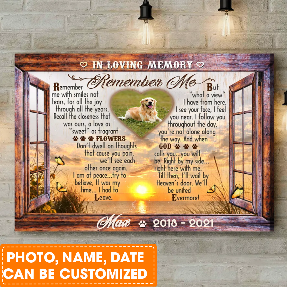 Personalized Dog Landscape Canvas, In Loving Memory Gifts, Custom Pet Memorial Faux Window Remember me Canvas For Dog Lovers, Friends, Family