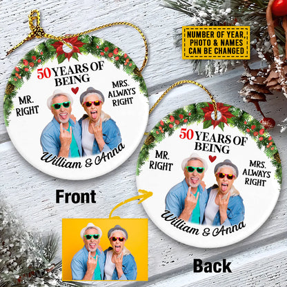 Customized Photo Couple, Mr. Right And Mrs. Always Right Circle Ceramic Ornament, Gift For Family, Gift For Couple, Christmas Gift, Holiday Decor