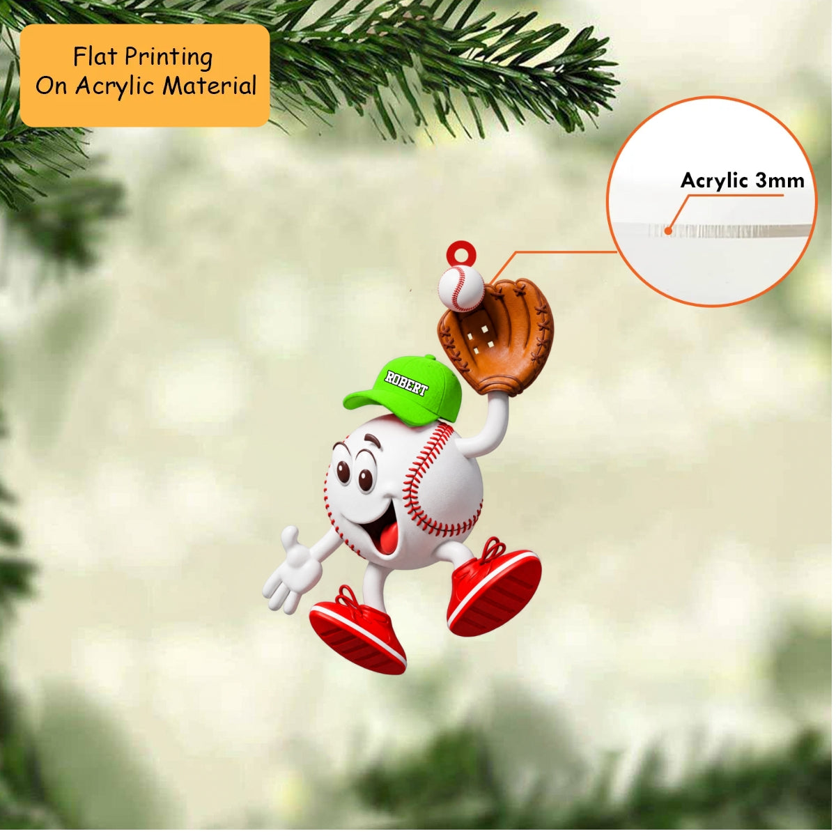 Personalized Baseball Christmas Ornament, Happy Mascot Catching Ball In Glove, Custom Ornament Christmas Gift, Keychain Baseball, Car Ornament Baseball
