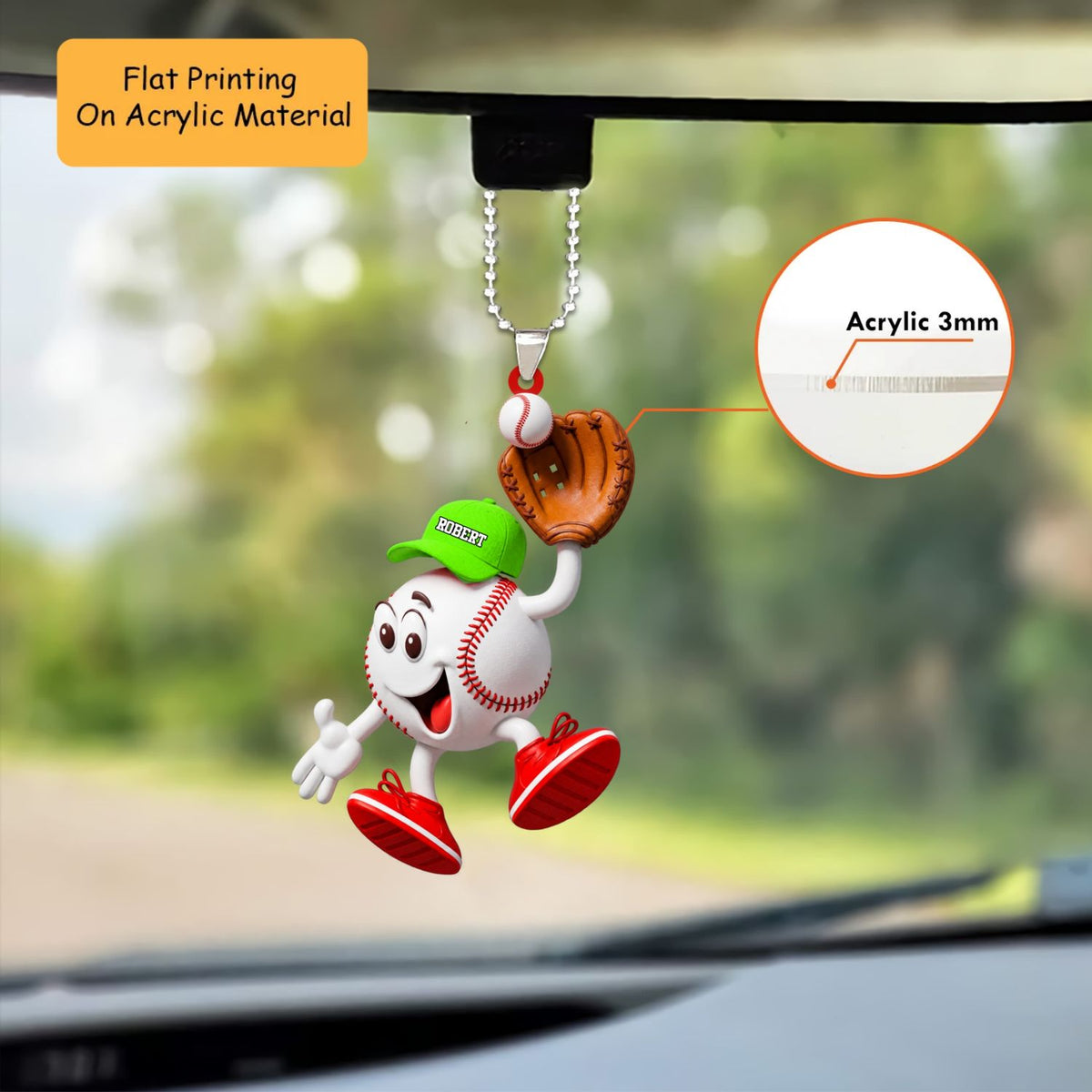 Personalized Baseball Christmas Ornament, Happy Mascot Catching Ball In Glove, Custom Ornament Christmas Gift, Keychain Baseball, Car Ornament Baseball