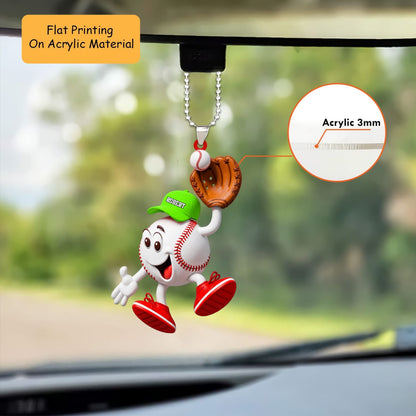 Personalized Baseball Christmas Ornament, Happy Mascot Catching Ball In Glove, Custom Ornament Christmas Gift, Keychain Baseball, Car Ornament Baseball