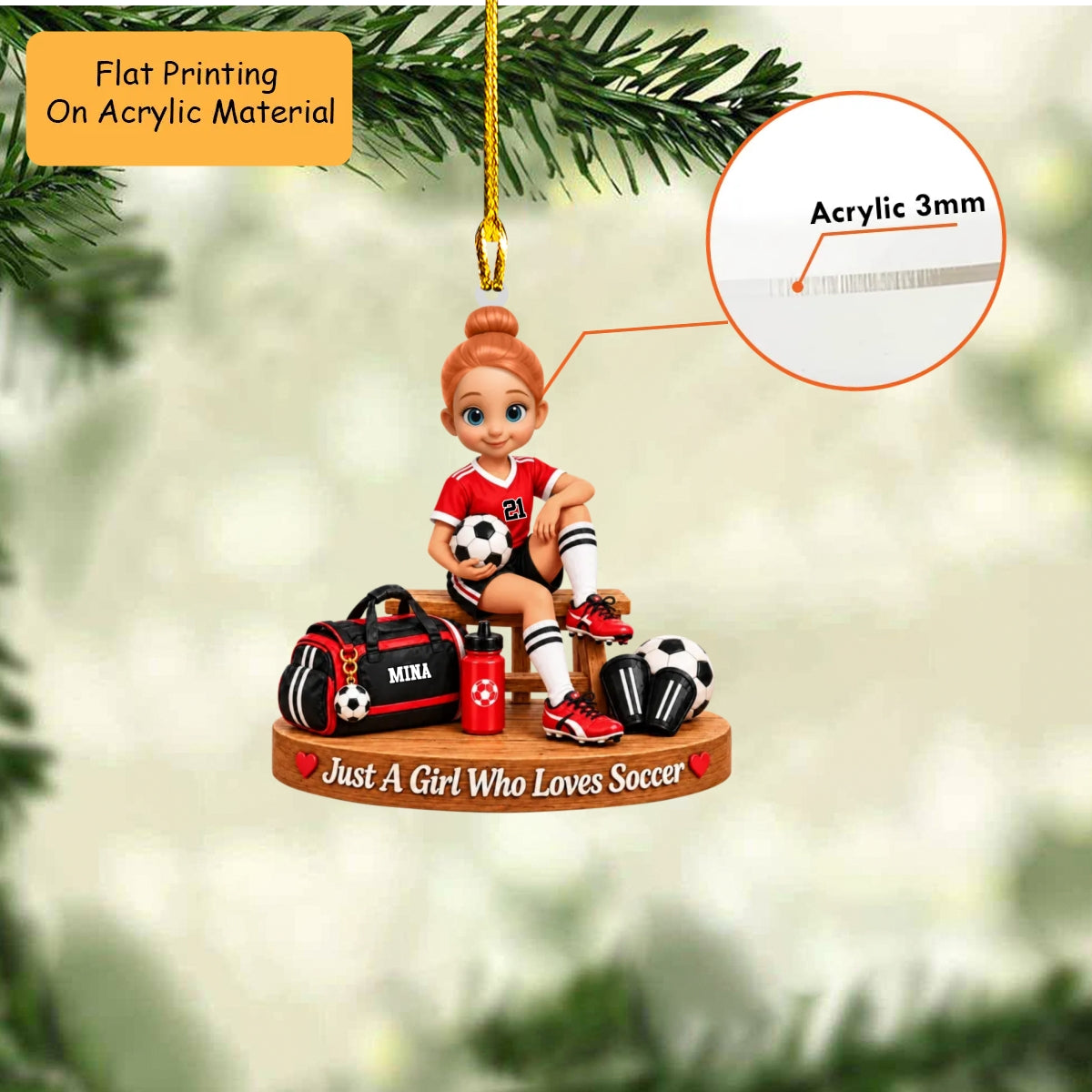 Personalized Soccer Girl Christmas Ornament, Just A Girl Who Loves Soccer Gear Setup, Custom Ornament Christmas Gift, Keychain Soccer, Car Ornament Soccer