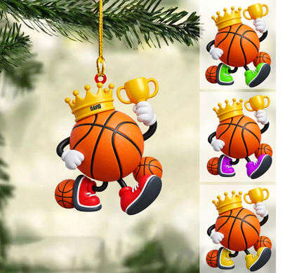 Personalized Basketball Christmas Ornament, Crowned Mascot Holding Trophy, Custom Ornament Christmas Gift, Keychain Basketball, Car Ornament Basketball