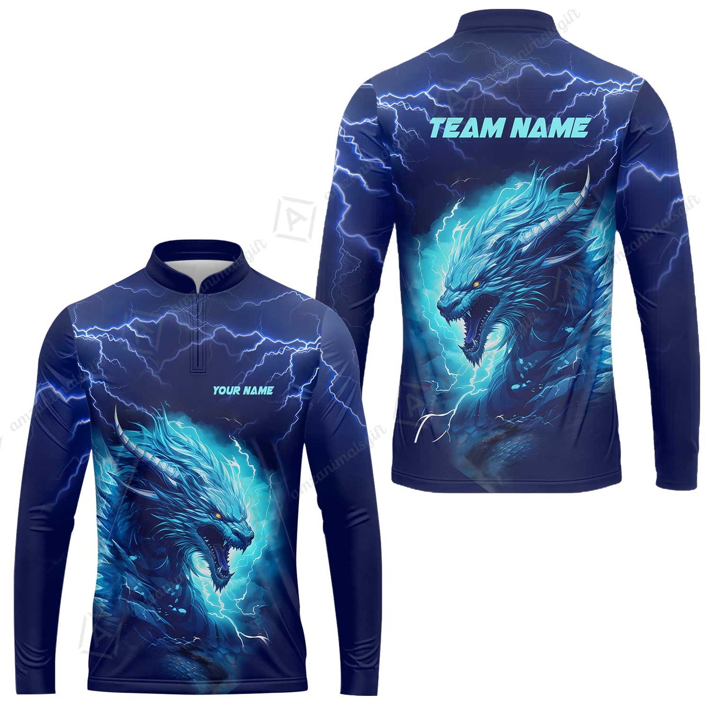 Bowling Customized Jersey Shirt Navy Blue Lightning Thunder Dragon Quarter Zip Bowling Shirt For Bowlers, Bowling Team