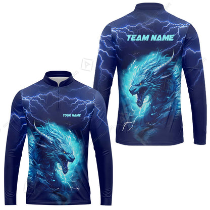 Bowling Customized Jersey Shirt Navy Blue Lightning Thunder Dragon Quarter Zip Bowling Shirt For Bowlers, Bowling Team