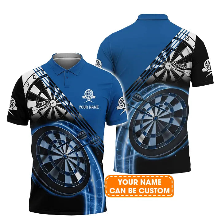 Personalised Darts Polo Shirts, Darts Blue And Black Light Custom Name Men Polo Shirts - Perfect Gift For Men, Darts Player, Dart Lovers