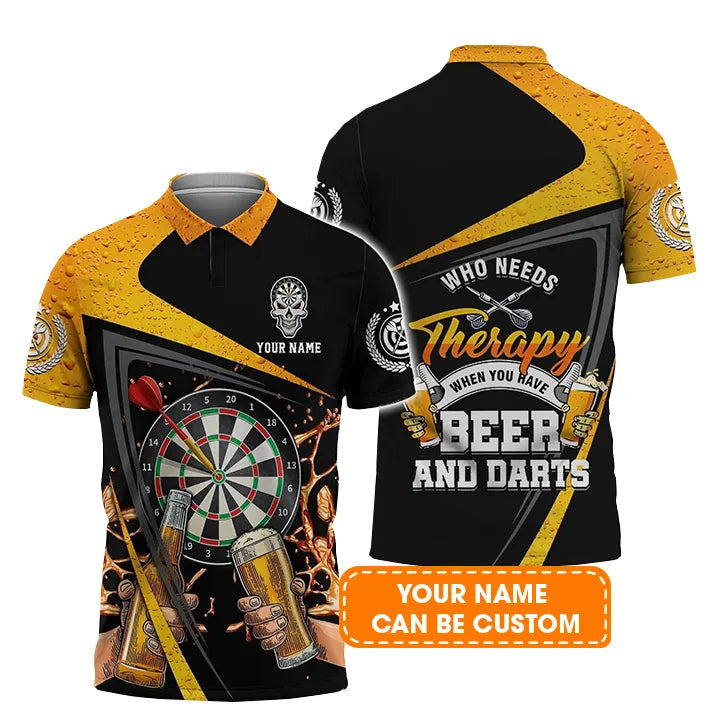 Personalised Darts Polo Shirts, Beer And Darts Who Needs Therapy Custom Name Men Polo Shirt - Perfect Gift For Men, Darts Player, Darts Lover