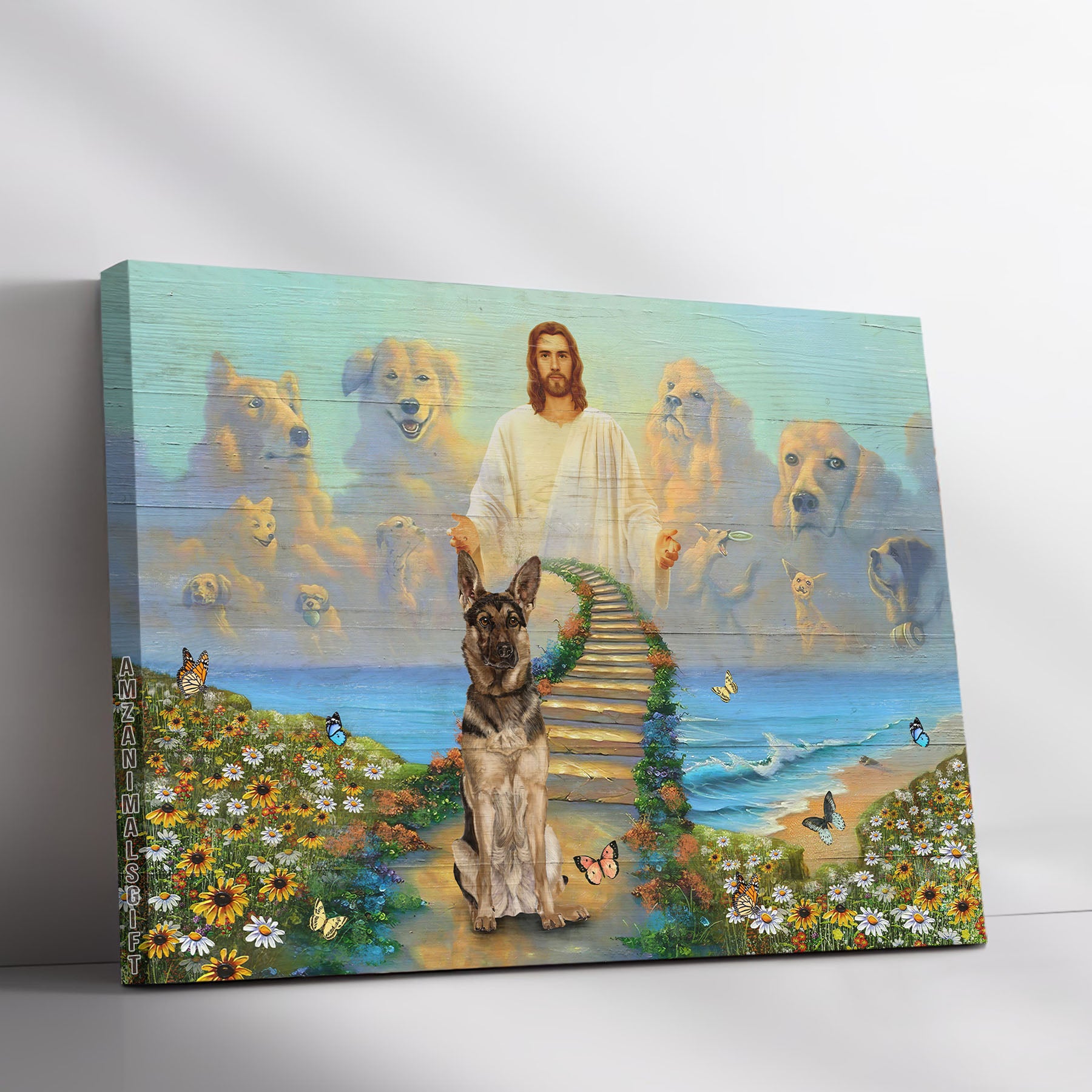 German Shepherd & Jesus Premium Wrapped Landscape Canvas - German Shepherd, Memorial Gift, Flower Field, In A Beautiful Heaven - Gift For Christian