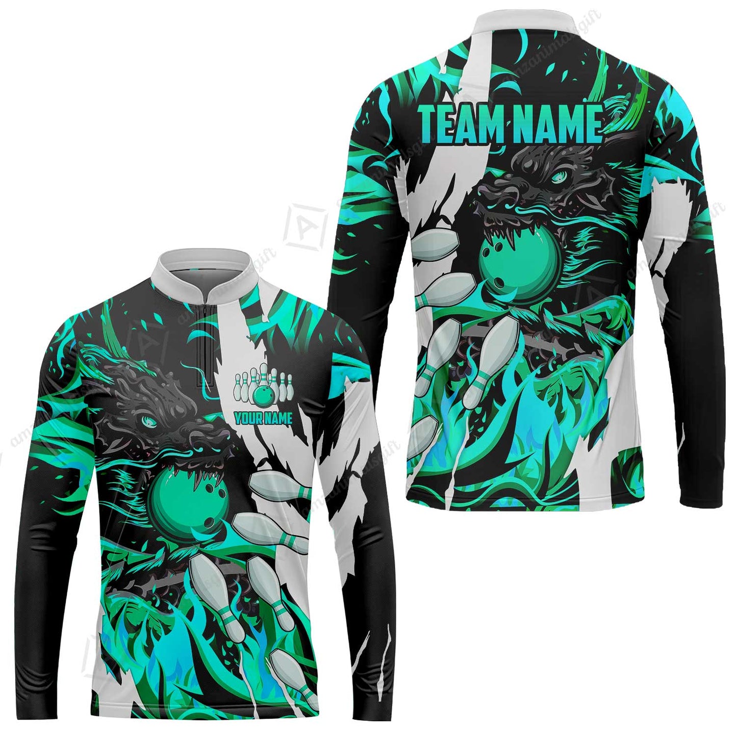 Custom Bowling Team Long Sleeve Jeysey Shirt, Bowling uniforms Ball & Pins Dragon Flame Pattern Personalized Name And Team Name