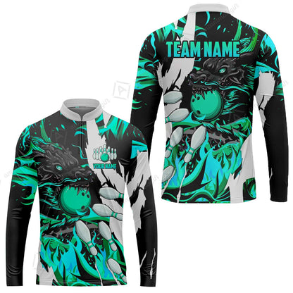 Custom Bowling Team Long Sleeve Jeysey Shirt, Bowling uniforms Ball & Pins Dragon Flame Pattern Personalized Name And Team Name