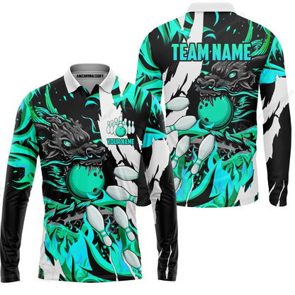 Custom Bowling Team Long Sleeve Polo Shirt, Bowling uniforms Ball & Pins Dragon Flame Pattern Personalized Name And Team Name