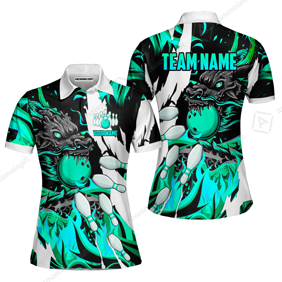 Custom Bowling Team Women Polo Shirt, Bowling uniforms Ball & Pins Dragon Flame Pattern Personalized Name And Team Name