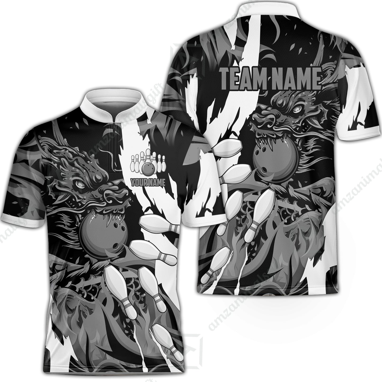 Custom Bowling Team Bowling Jersey, Bowling uniforms Ball & Pins Dragon Flame Pattern Personalized Name And Team Name