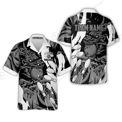 Custom Bowling Team Hawaiian Shirt, Bowling uniforms Ball & Pins Dragon Flame Pattern Personalized Name And Team Name