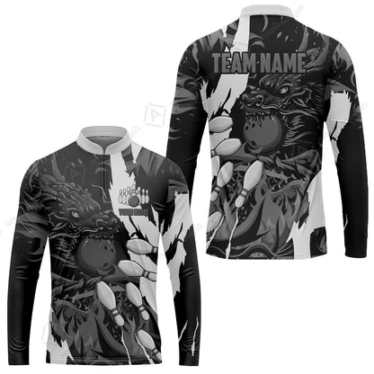 Custom Bowling Team Long Sleeve Jeysey Shirt, Bowling uniforms Ball & Pins Dragon Flame Pattern Personalized Name And Team Name