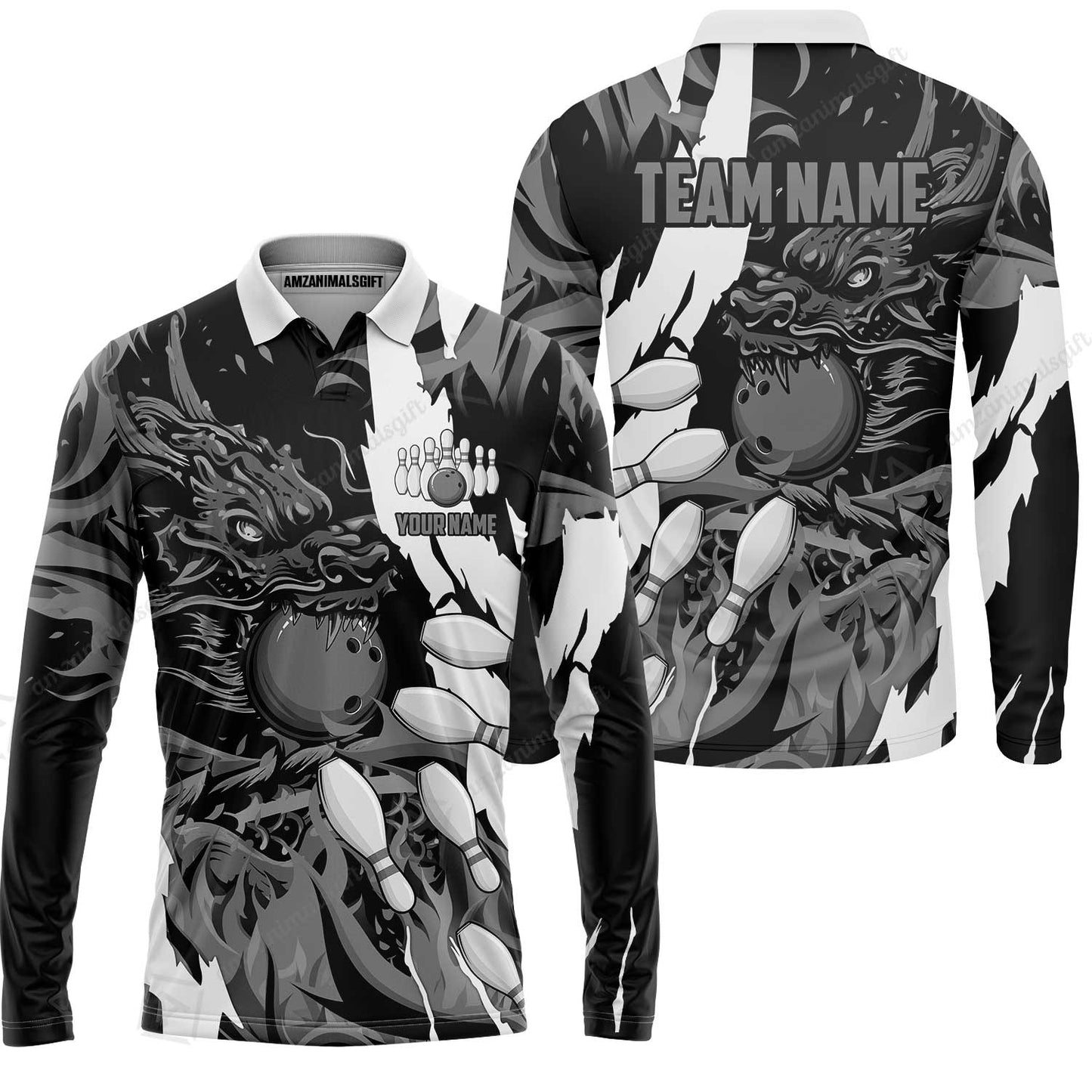 Custom Bowling Team Long Sleeve Polo Shirt, Bowling uniforms Ball & Pins Dragon Flame Pattern Personalized Name And Team Name
