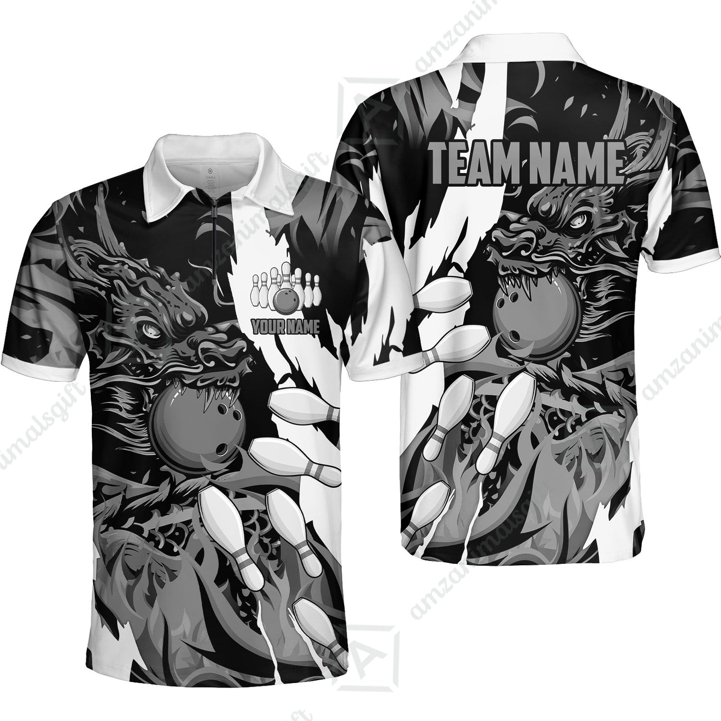 Custom Bowling Team Quater-Zip Polo Shirt, Bowling uniforms Ball & Pins Dragon Flame Pattern Personalized Name And Team Name