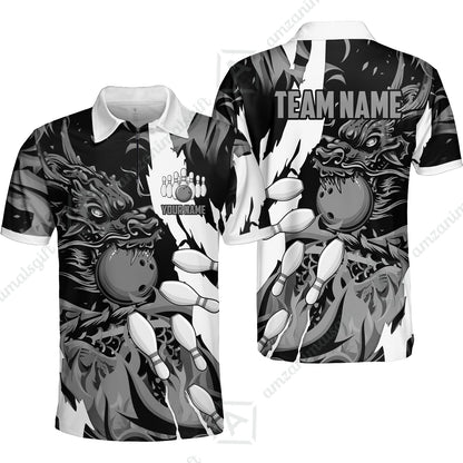 Custom Bowling Team Quater-Zip Polo Shirt, Bowling uniforms Ball & Pins Dragon Flame Pattern Personalized Name And Team Name