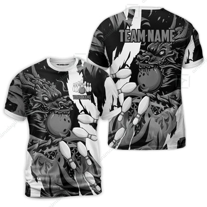 Custom Bowling Team T-Shirt, Bowling uniforms Ball & Pins Dragon Flame Pattern Personalized Name And Team Name