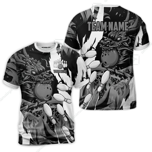 Custom Bowling Team T-Shirt, Bowling uniforms Ball & Pins Dragon Flame Pattern Personalized Name And Team Name