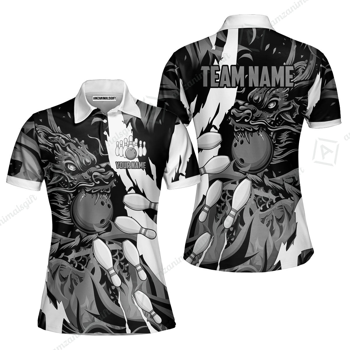 Custom Bowling Team Women Polo Shirt, Bowling uniforms Ball & Pins Dragon Flame Pattern Personalized Name And Team Name