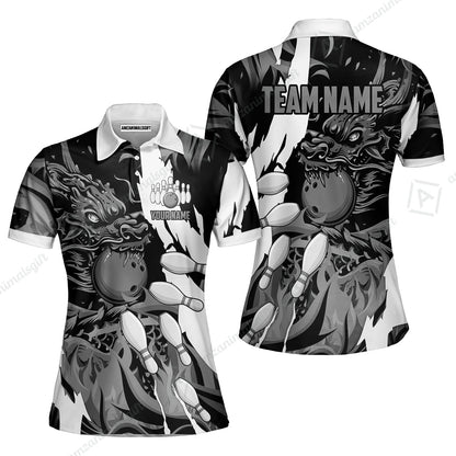 Custom Bowling Team Women Polo Shirt, Bowling uniforms Ball & Pins Dragon Flame Pattern Personalized Name And Team Name