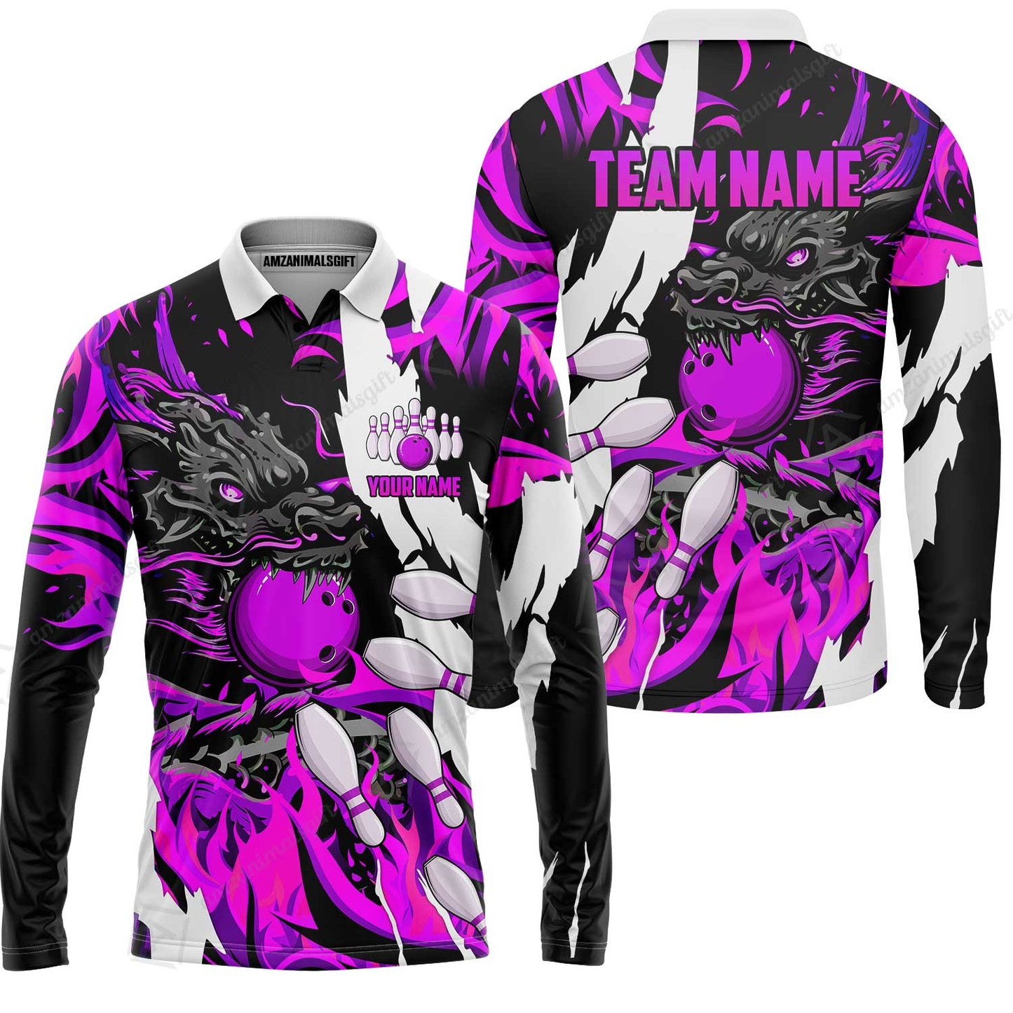 Custom Bowling Team Long Sleeve Polo Shirt, Bowling uniforms Ball & Pins Dragon Flame Pattern Personalized Name And Team Name