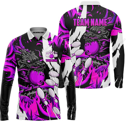 Custom Bowling Team Long Sleeve Polo Shirt, Bowling uniforms Ball & Pins Dragon Flame Pattern Personalized Name And Team Name
