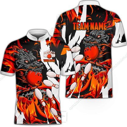Custom Bowling Team Bowling Jersey, Bowling uniforms Ball & Pins Dragon Flame Pattern Personalized Name And Team Name
