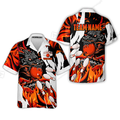Custom Bowling Team Hawaiian Shirt, Bowling uniforms Ball & Pins Dragon Flame Pattern Personalized Name And Team Name