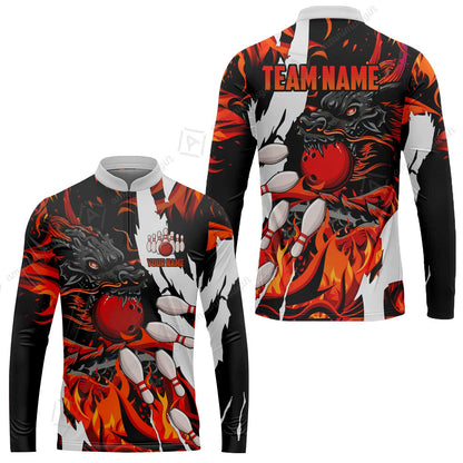 Custom Bowling Team Long Sleeve Jeysey Shirt, Bowling uniforms Ball & Pins Dragon Flame Pattern Personalized Name And Team Name