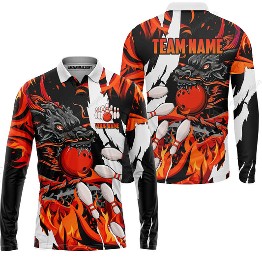 Custom Bowling Team Long Sleeve Polo Shirt, Bowling uniforms Ball & Pins Dragon Flame Pattern Personalized Name And Team Name