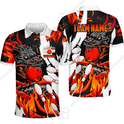 Custom Bowling Team Quater-Zip Polo Shirt, Bowling uniforms Ball & Pins Dragon Flame Pattern Personalized Name And Team Name
